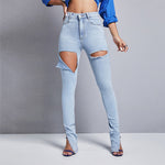 Solid Color Women'S Ripped Denim Skinny Slit Design Pencil Pants Wholesale Jeans