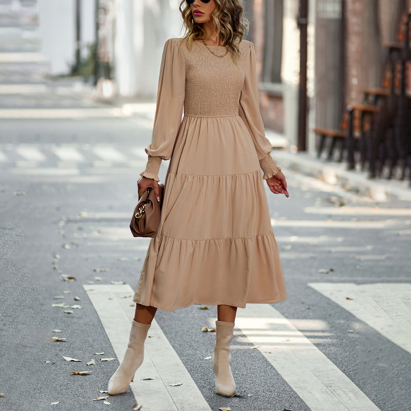Casual High Waist Swing Dress Solid Color Long Sleeve Midi Wholesale Dresses