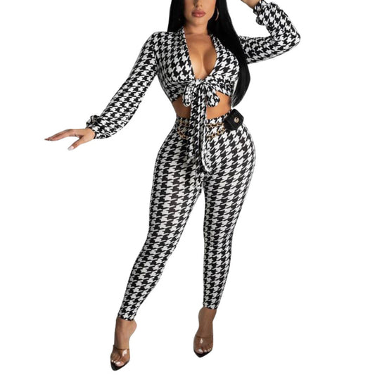 Houndstooth Print Lace-Up Tops & Slim Fit Pants Wholesale Women'S 2 Piece Sets