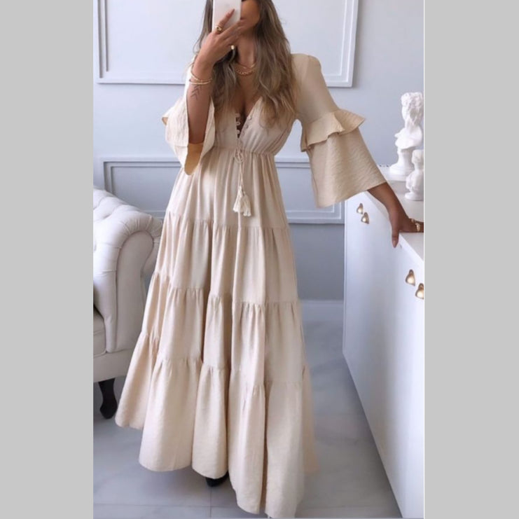 Sexy Deep V-Neck Lace-Up Tiered Swing Maxi Dress Solid Color Loose Lotus Leaf Sleeve Wholesale Dresses