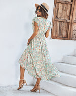 Floral Print V Neck Frill Sleeve Nipped Waist Mid-Length Ruffled Flowy Dress Casual Wholesale Dresses