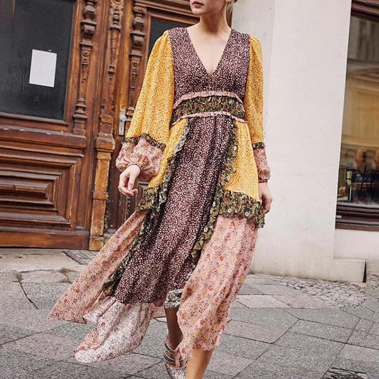 Fashion Printed Holiday Chiffon Deep V Lantern Sleeve Retro Waist Irregular Big Swing Dress Wholesale Bohemian Dress For Women SD531277