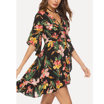 Printed V-Neck Slim Fit Fashion Mid Sleeve Ruffled Wrap Dress Wholesale Dresses