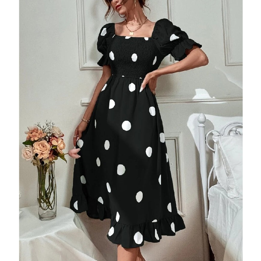 Polka Dot Print Square Neck Puff Sleeve Ruffle Midi Dress Wholesale Dresses