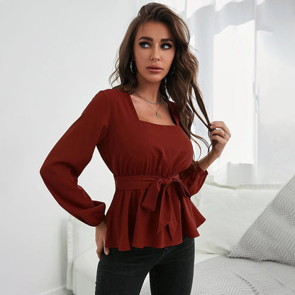 Casual Square Neck Lace-Up Long Sleeve Ruffle Blouse Wholesale Womens Long Sleeve T Shirts