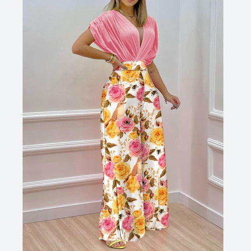 Dolman Sleeve Floral Printed Deep-V Bodysuits & Wide-Leg Pants Wholesale Womens 2 Piece Sets