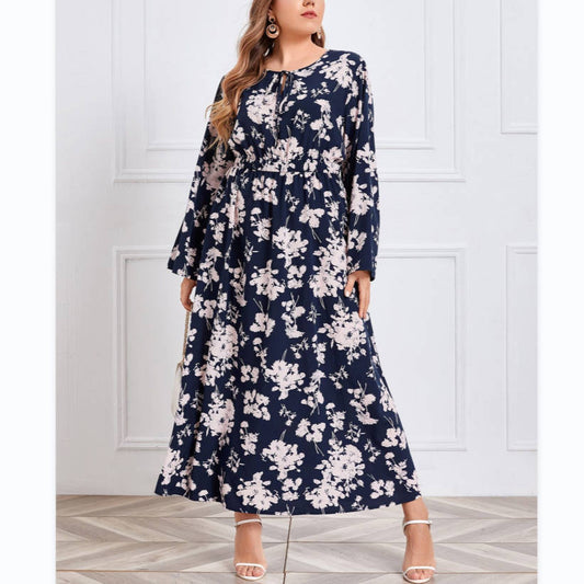 Long Sleeve Floral Print Casual Women Curvy Maxi Dresses Wholesale Plus Size Clothing