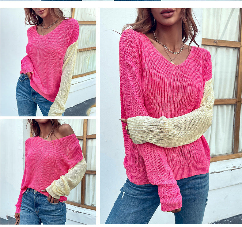 Casual Sexy V-Neck Backless Contrast Color Long Sleeve Wholesale Sweaters