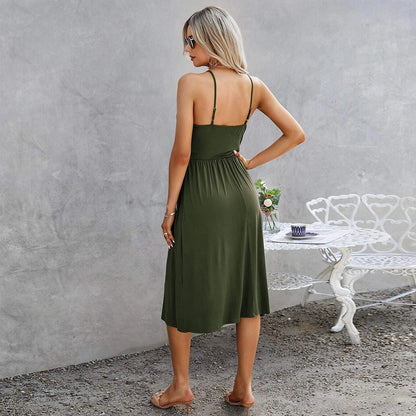 Solid Color Spaghetti Strap Sleeveless Backless Wholesale Midi Dresses