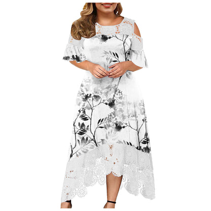 Printed Lace Stitching Fashion Curvy Dresses Wholesale Plus Size Clothing