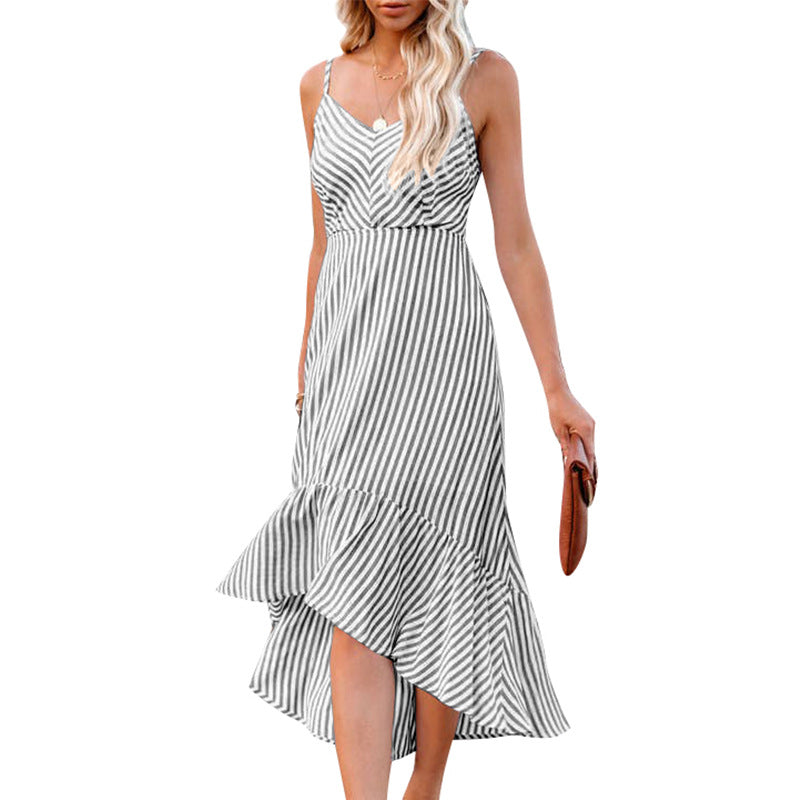 Women Fashion Sleeveless Striped Print Hollow Out Irregular Hem Wholesale Swing Dresses Summer