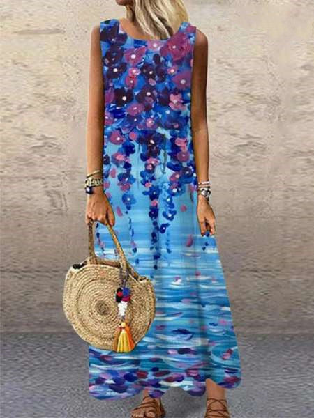 Floral Printed Sleeveless Casual Wholesale Maxi Dresses Round Neck Vacation Dresses