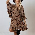 Leopard Print Lantern Sleeve Ruffle Hem Wholesale A Line Dresses