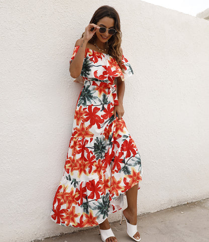 Leopard & Floral Printed Ruffled Off Shoulder Wide Lapel Resort Dress Wholesale Maxi Dresses