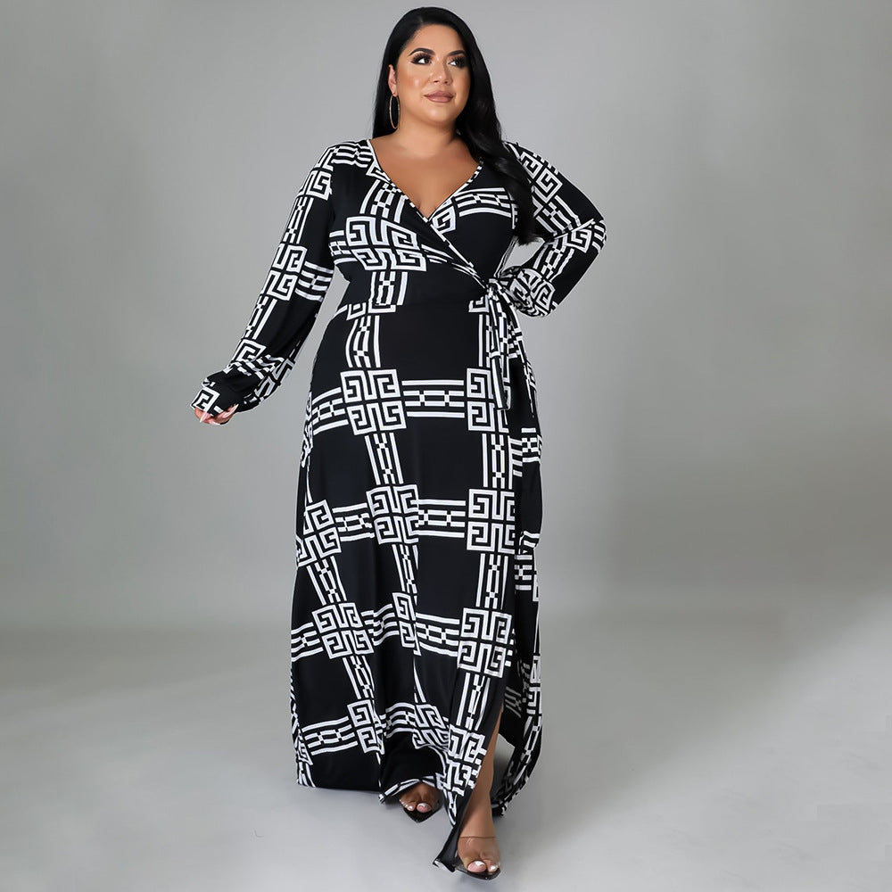 High Waist Floral Print Women Curve Wrap Dress Wholesale Plus Size Maxi Dresses