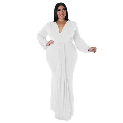 Long Sleeve V Neck Curvy Maxi Dresses Wholesale Plus Size Clothing