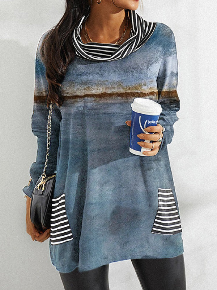 Fashion Print Striped Top Pile Collar Loose Wholesale Womens Long Sleeve T Shirts