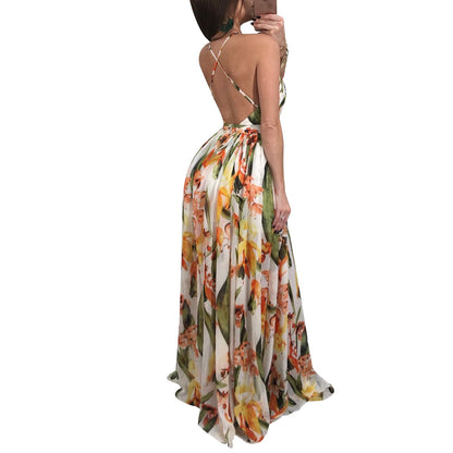 Fashion Print Deep V Neck Open Back Chiffon Beach Sling Wide Swing Dress Sexy Wholesale Maxi Dresses