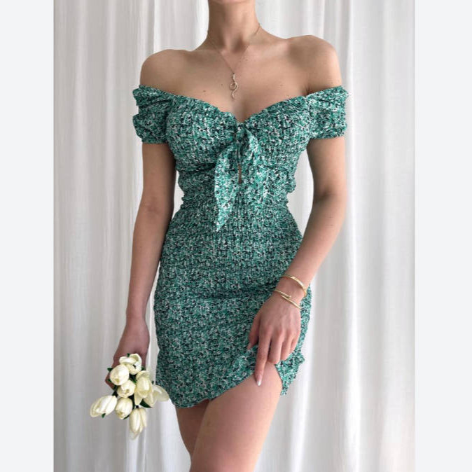 One Word Neckline Tie Floral Print Sexy Bodycon Dress Wholesale Dresses