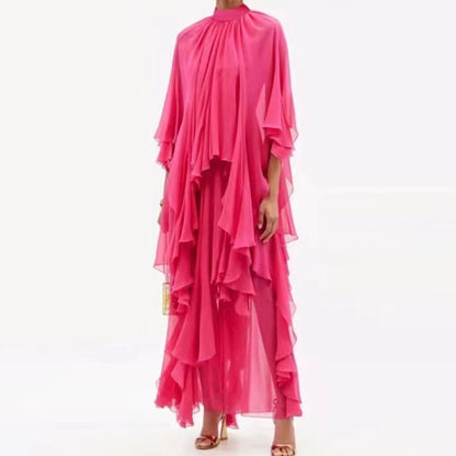 Fashion Stand Collar Layered Chiffon Dress Wholesale Maxi Dresses