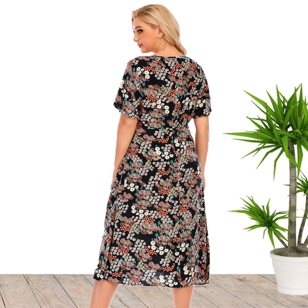 Short Flare Sleeve Casual Printed Midi Curve Dresses Summer Fashion Wholesale Plus Size Clothing