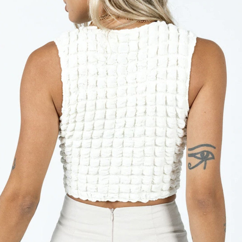Fashion Bubble Grid Sleeveless Vest Slim Crew Neck Solid Color  Wholesale Crop Tops
