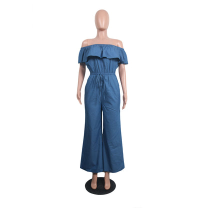 Summer Off Shoulder Ruffles Lace Up Elastic Waist Wide-Leg Denim Maxi Jumpsuits Fashion Wholesale Rompers