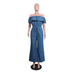 Summer Off Shoulder Ruffles Lace Up Elastic Waist Wide-Leg Denim Maxi Jumpsuits Fashion Wholesale Rompers
