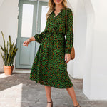 Fashion V Neck Leopard Midi Dress Long Sleeve High Waist Slim Wholesale Dresses