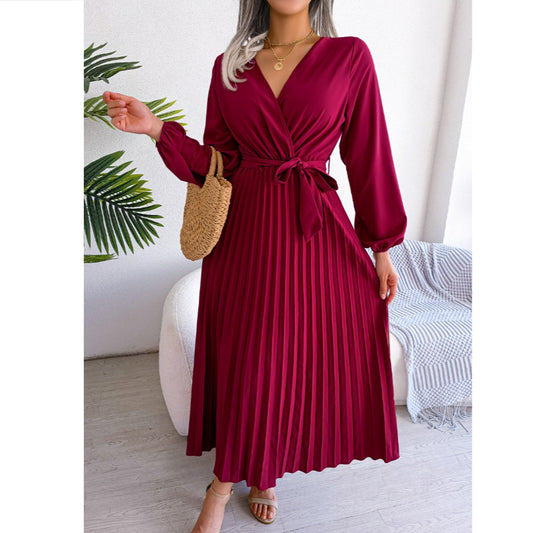 Commuter Temperament Cross V-Neck Big Swing Pleated Maxi Dress Wholesale Dresses