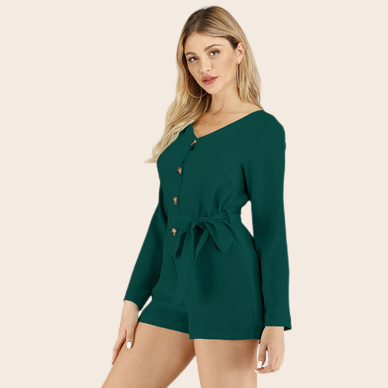 Casual V-Neck Long Sleeve Single Breasted Slim Lace-up Solid Color Wholesale Rompers