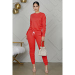 Shirred Solid Color Simple Long-Sleeved Trousers Sports Two-Piece Suit Wholesale Women Clothing