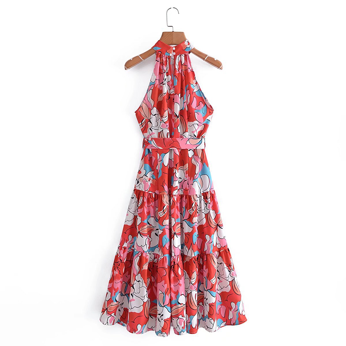 Halterneck Sleeveless Printed Tie-Up Waist Swing Smocked Dress Wholesale Dresses