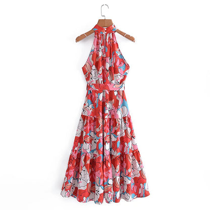 Halterneck Sleeveless Printed Tie-Up Waist Swing Smocked Dress Wholesale Dresses