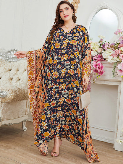 Floral Print Doll Sleeve Curvy Maxi Dresses Wholesale Plus Size Clothing