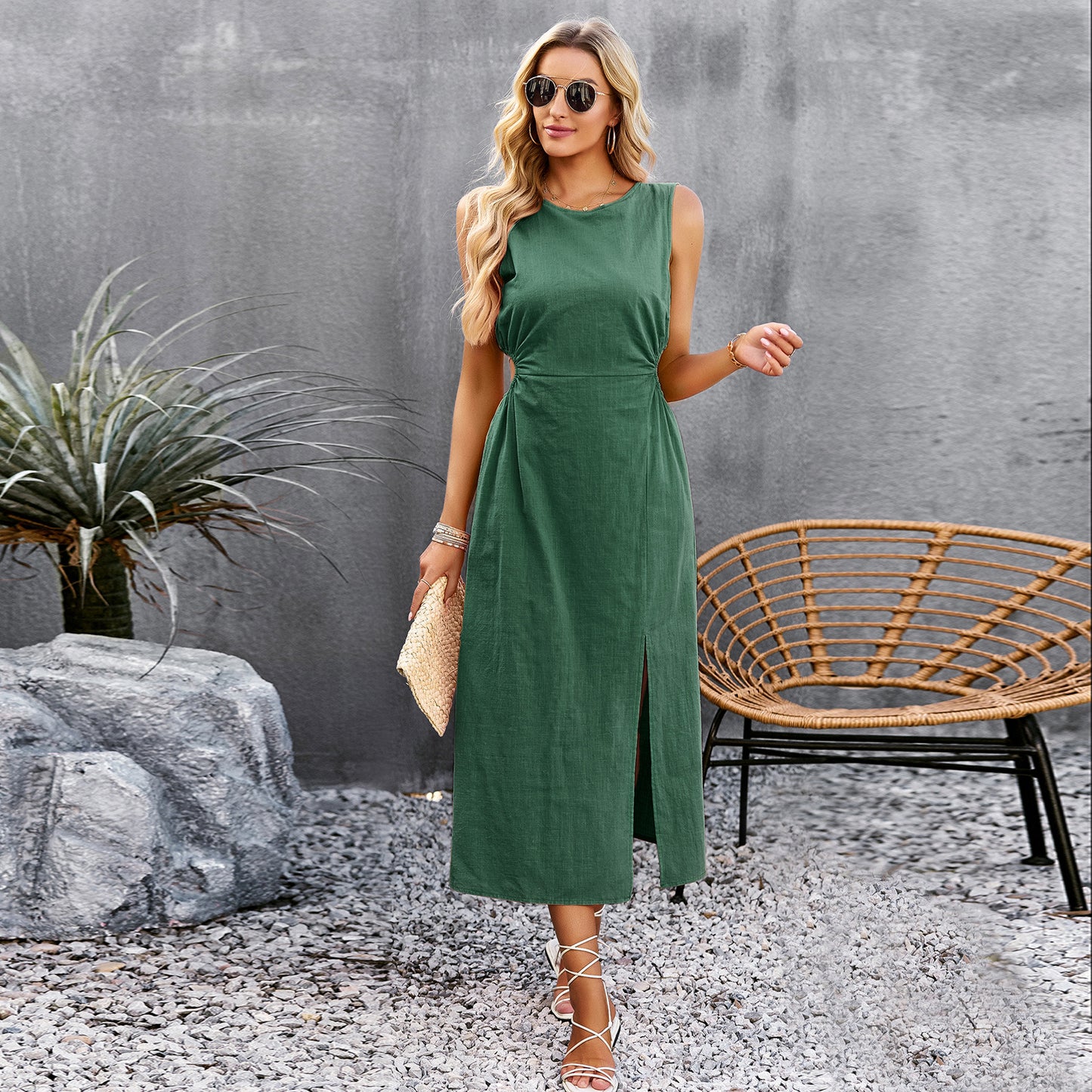 Solid Color Summer Hollow Long Sleeveless Mid-Length Tank Dress Wholesale Dresses