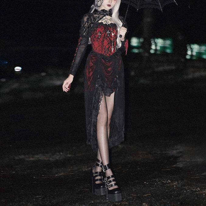 Dark Gothic Stitching Lace Irregular See-Through Dress Wholesale Dresses