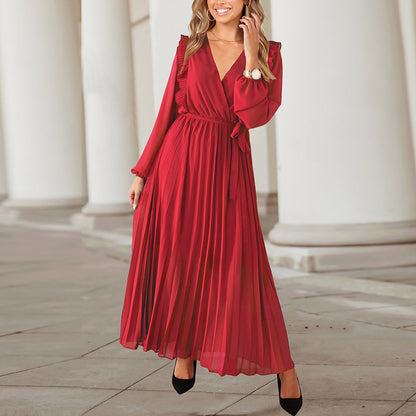 Large-Swing Pleated V-Neck Long Wholesale Dresses