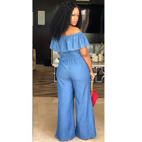 Summer Off Shoulder Ruffles Lace Up Elastic Waist Wide-Leg Denim Maxi Jumpsuits Fashion Wholesale Rompers