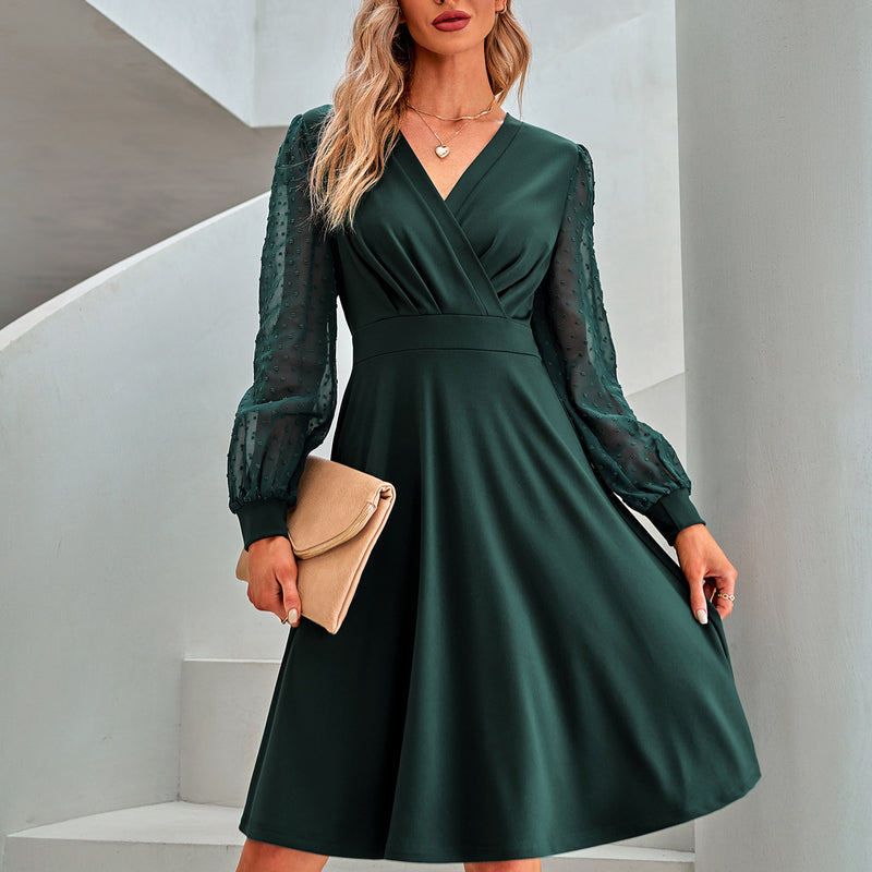 Trendy V-Neck Jacquard Long Sleeve Swing Dress Wholesale Dresses
