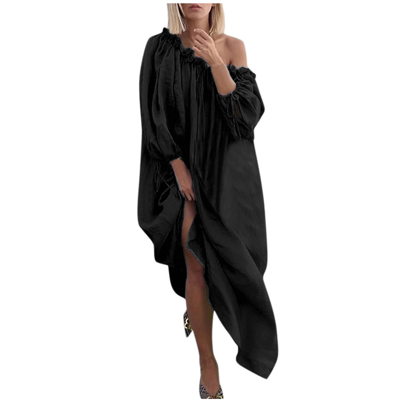 Solid Color Retro Style Long Sleeve Loose Off Shoulder Linen Wholesale Maxi Dresses Vacation Dress