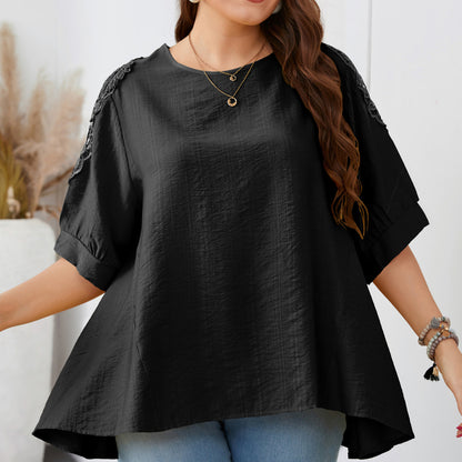 Lace Embroider Short Sleeve Round Neck Wholesale Plus Size Tops for Summer