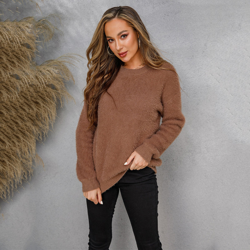 Fashion Casual Plush Pullover Solid Color Long Sleeve Crew Neck Loose  Wholesale Sweater
