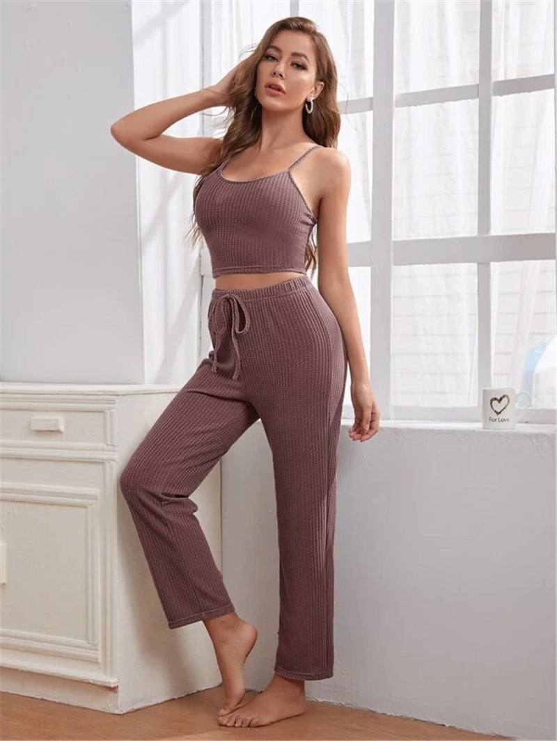 Soft Waffle-Knit Sling Tops & Trousers Pajama 3pcs Sets Women'S Loungewear Wholesale Vendors