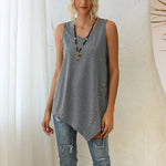 Button Sleeveless T-Shirt Irregular V-Neck Casual Tank Top Wholesale Womens Tops