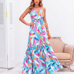 V Neck Printed Sling Backless Lace-Up Waist Smocked Dress Vacation Wholesale Maxi Dresses