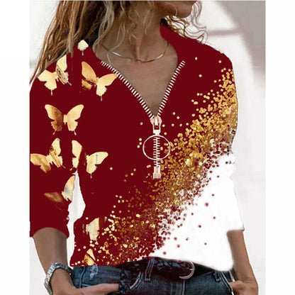 Wholesale Autumn And Winter V-Neck Long-Sleeved T-Shirt Whit Butterfly Print