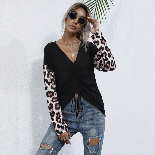 Splicing Leopard Print Knit V-Neck T-Shirt Wholesale Women Clothing