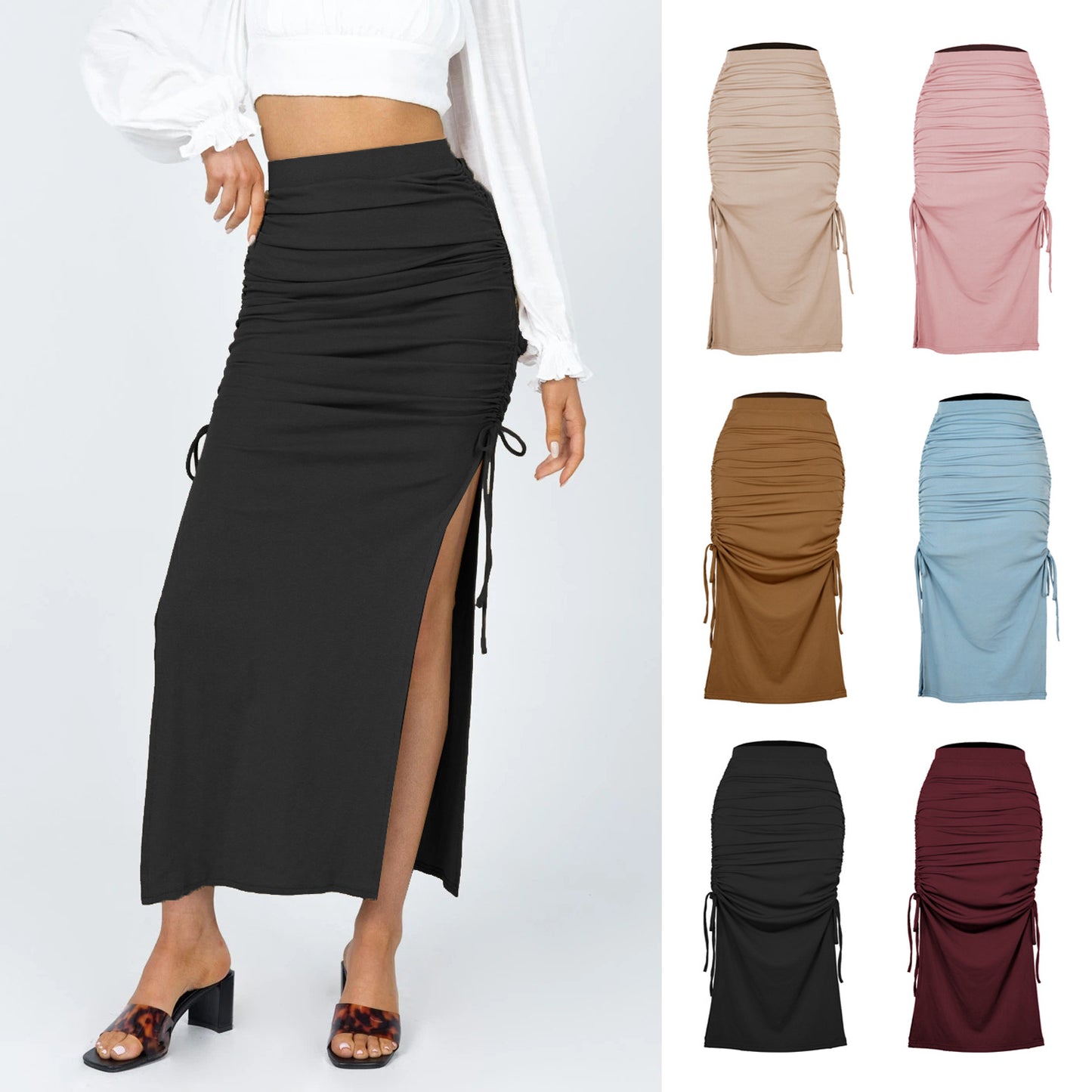 Drawstring Lace-Up Solid Color Bag Hip Skirt