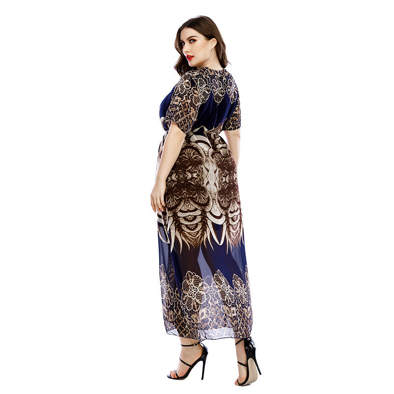 Plus Size Short Sleeve Wholesale Printing Maxi Dress